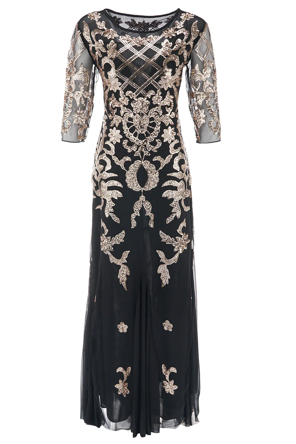 Robe à paillettes noire et dorée style années 1920 grande taille élégante et scintillante