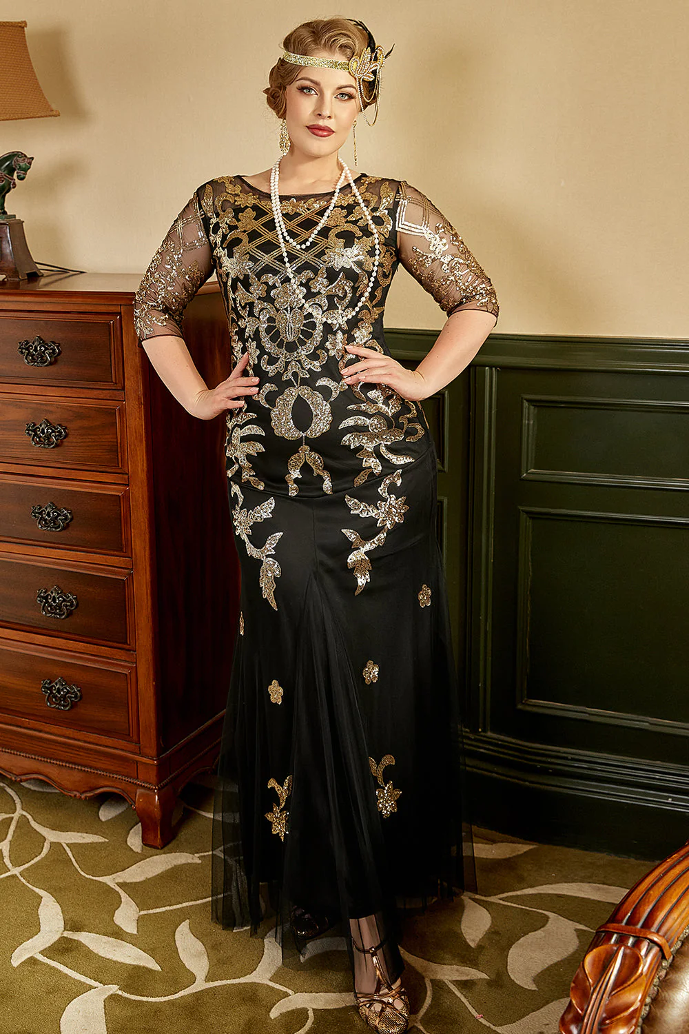 Robe à paillettes noire et dorée style années 1920 grande taille élégante et scintillante - Image 5