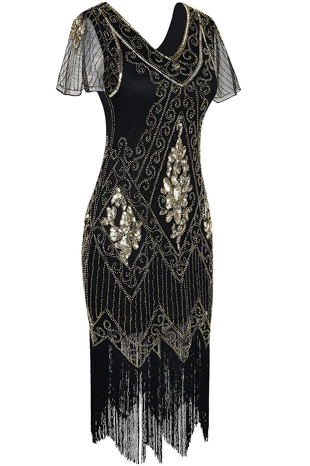 Robe Gatsby noire et dorée à paillettes et franges grande taille des années 20 - Image 9