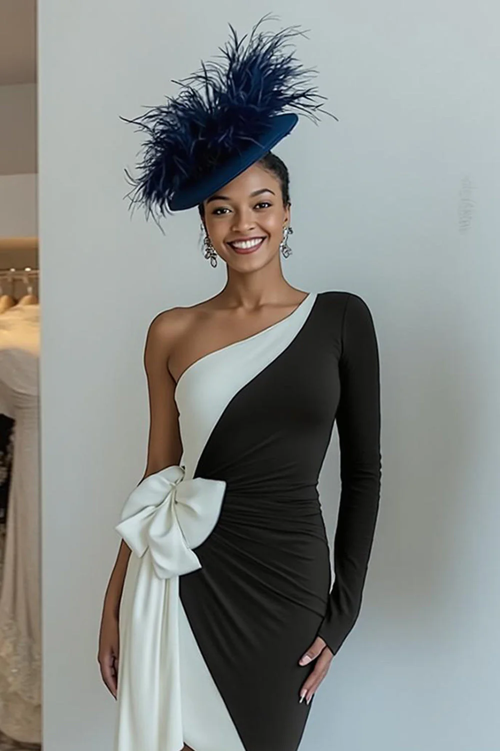 Noir moulant une épaule Midi Robe Mère De La Mariée Avec Noeud - Image 3