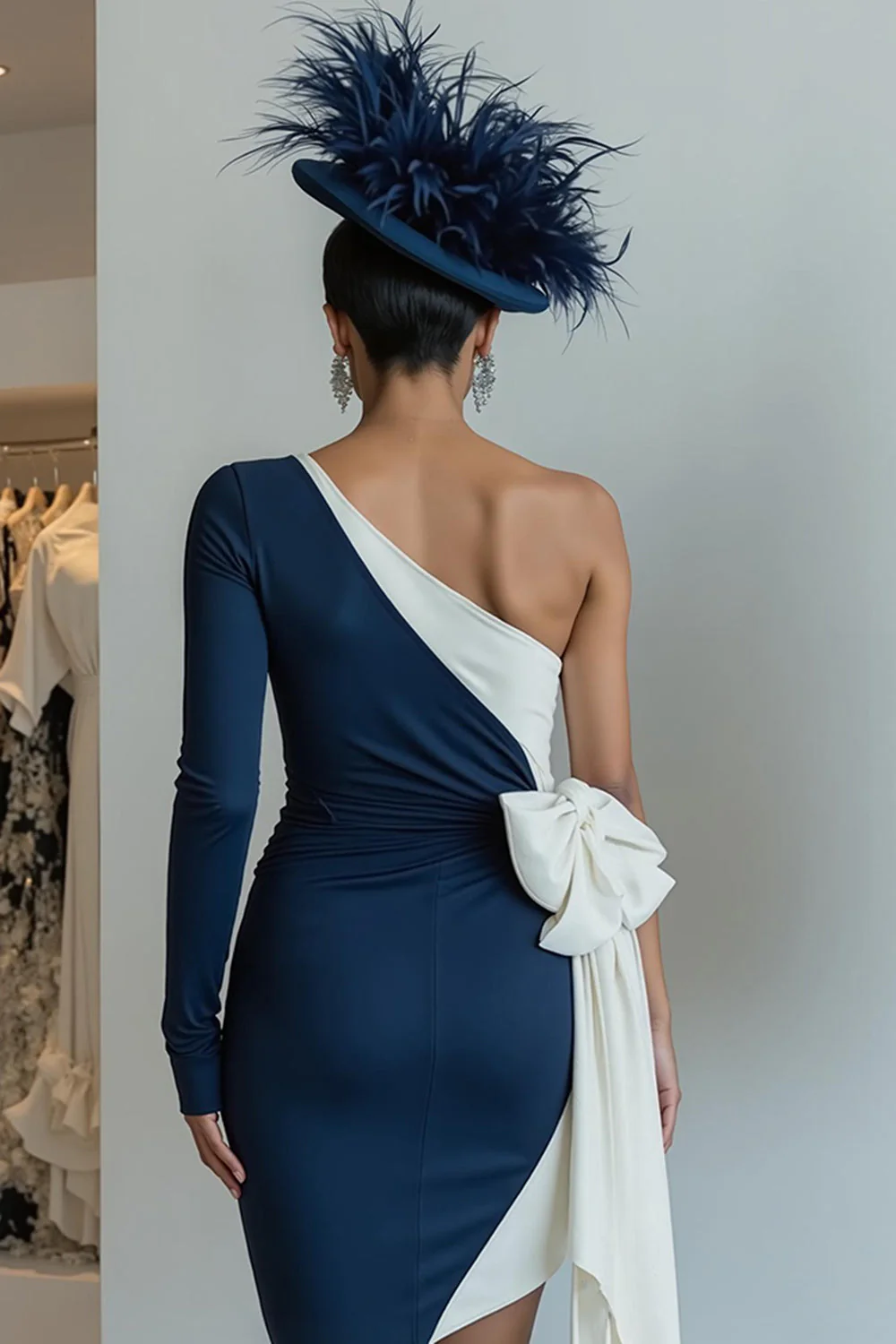 Noir moulant une épaule Midi Robe Mère De La Mariée Avec Noeud - Image 8