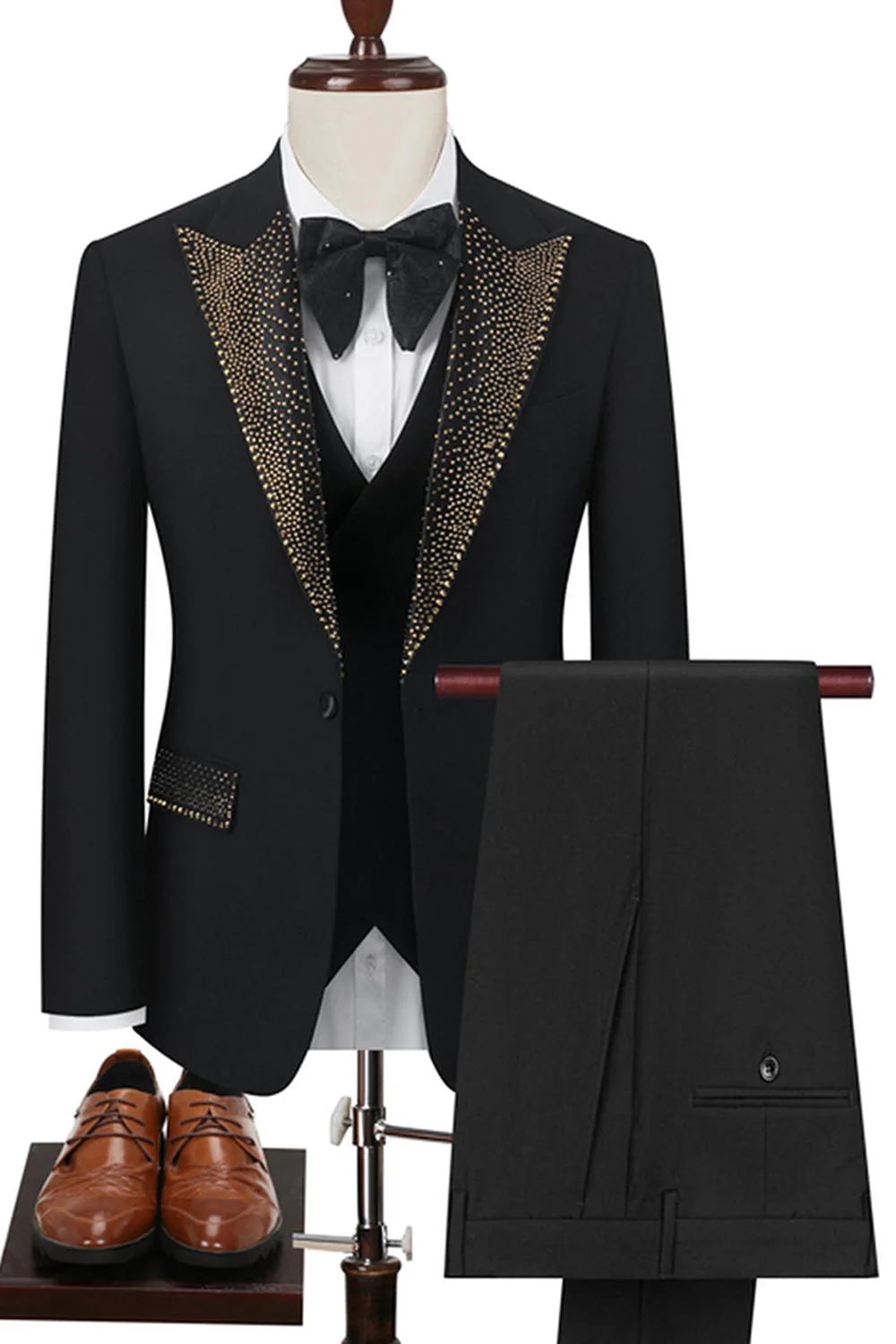 Noir Peak Lapel Perlé 3 Pièces Hommes Costumes