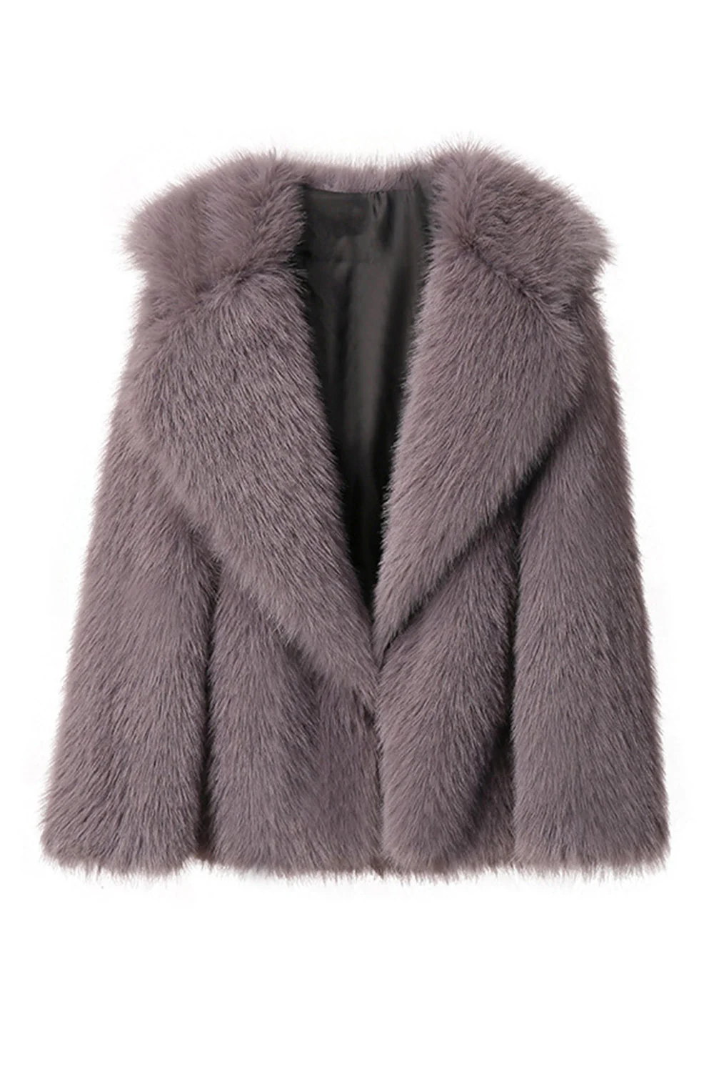 Noir Revers cranté Manches longues Fausse fourrure Manteau court - Image 11