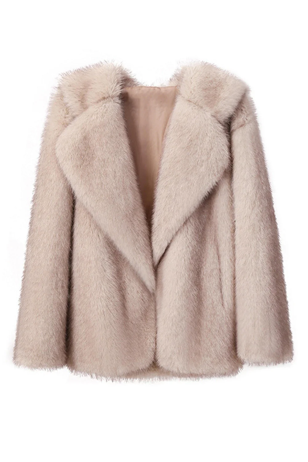 Noir Revers cranté Manches longues Fausse fourrure Manteau court - Image 13