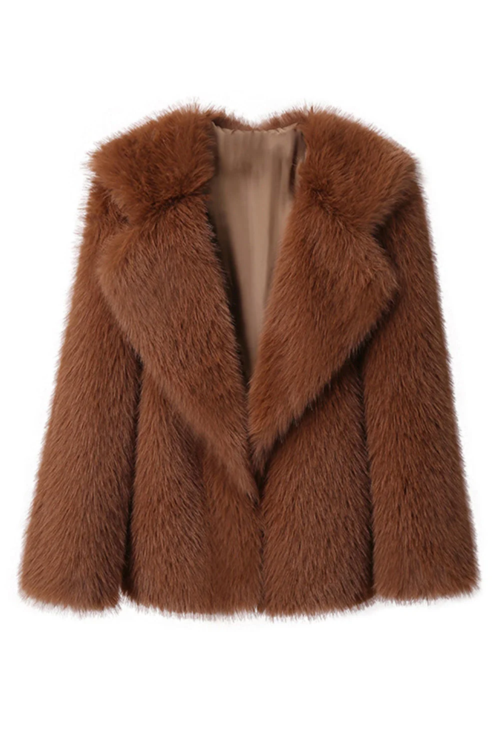 Noir Revers cranté Manches longues Fausse fourrure Manteau court - Image 15