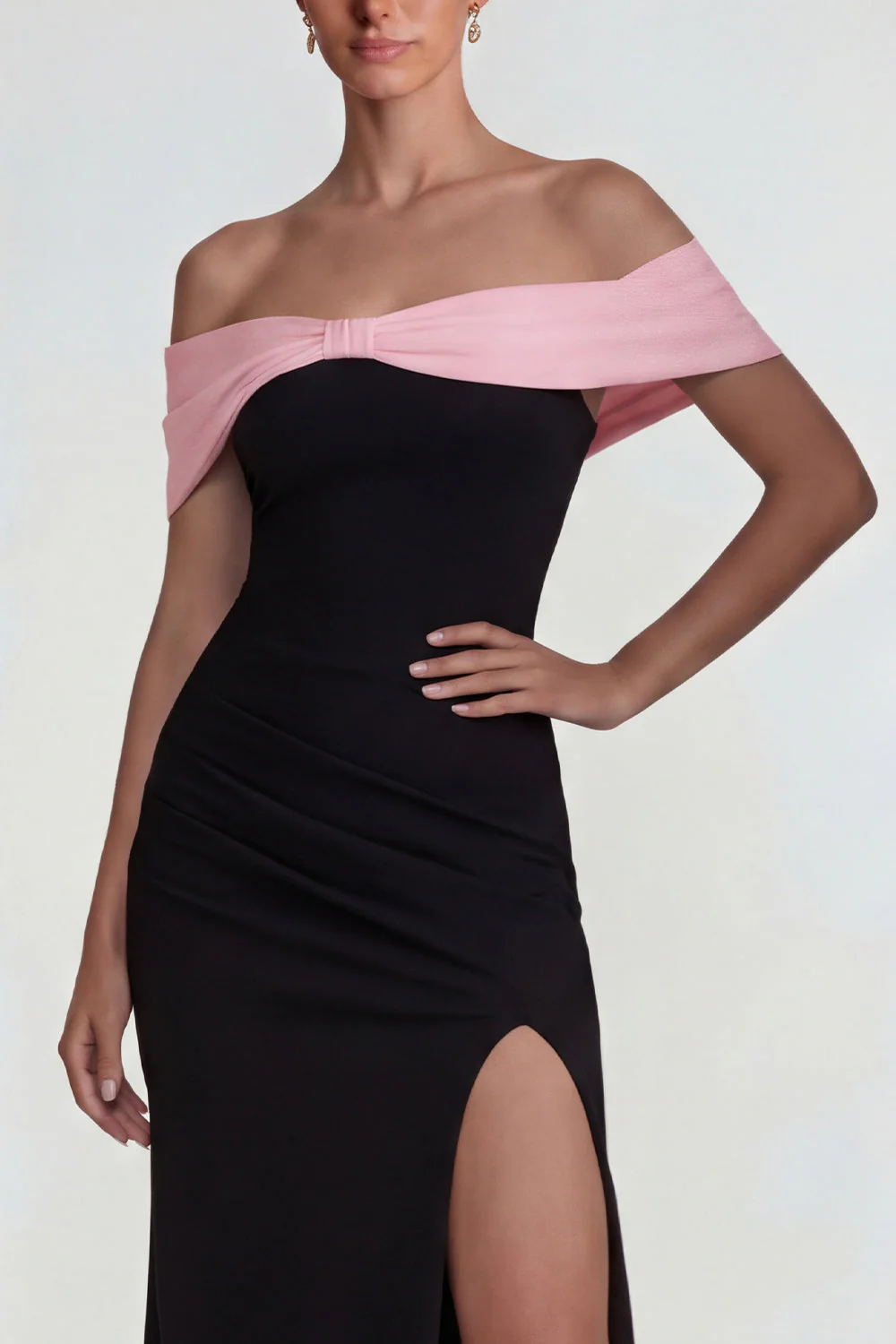 Noir rose épaule décollée Fourreau longue robe formelle avec fente - Image 3