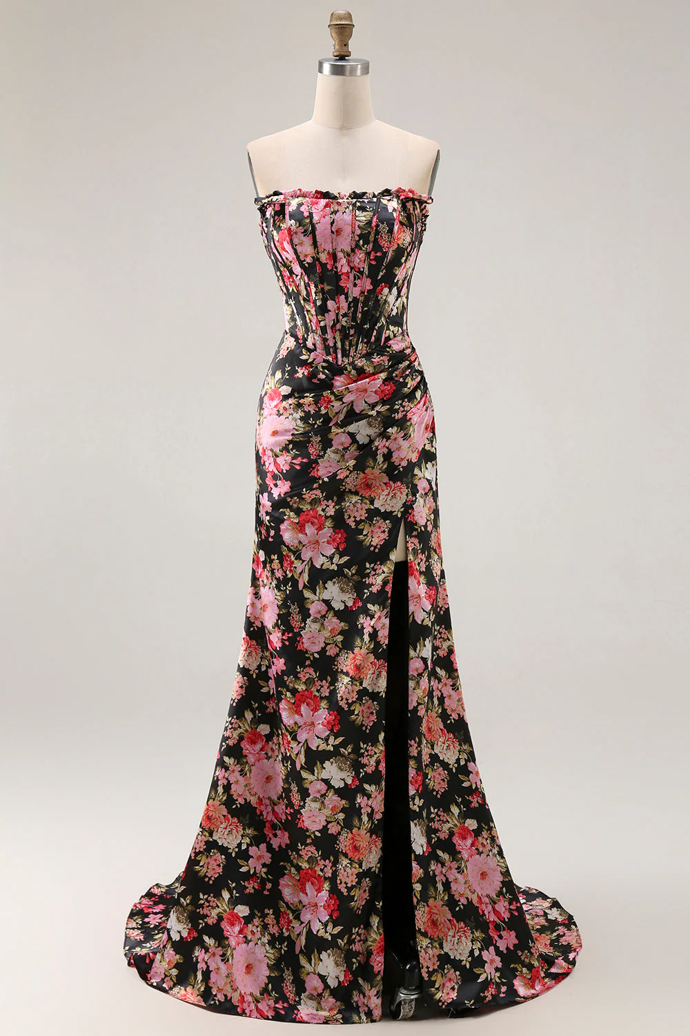 Noir Rose Floral Sirène Sans Bretelle Corset Longue Robe de Bal Avec Fente - Image 8