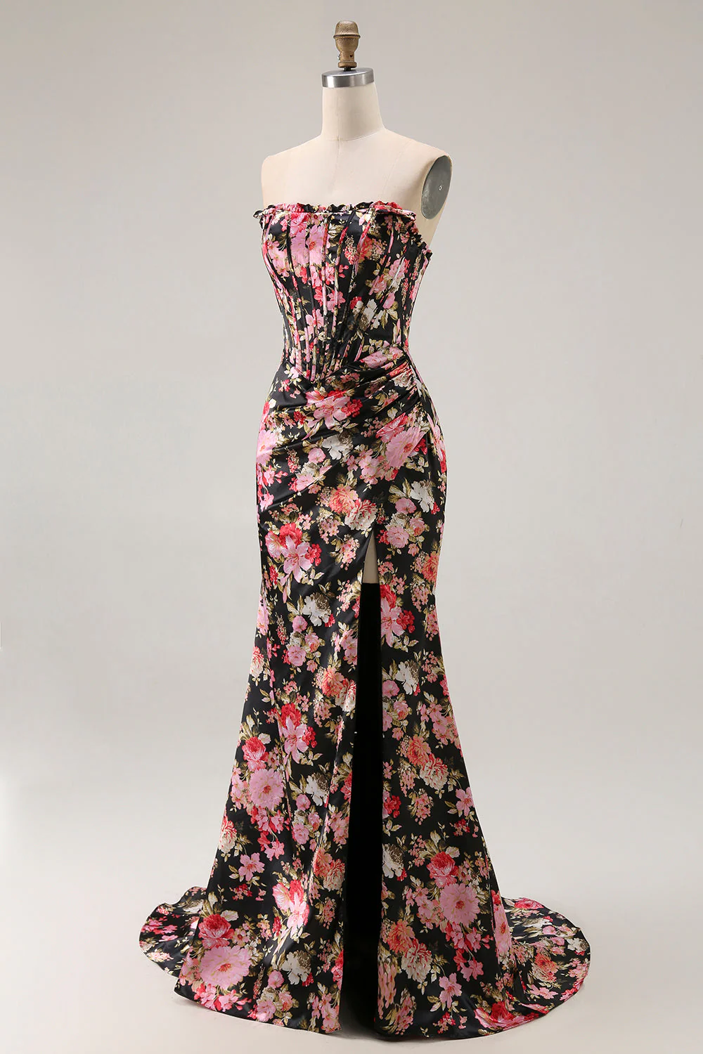 Noir Rose Floral Sirène Sans Bretelle Corset Longue Robe de Bal Avec Fente - Image 3