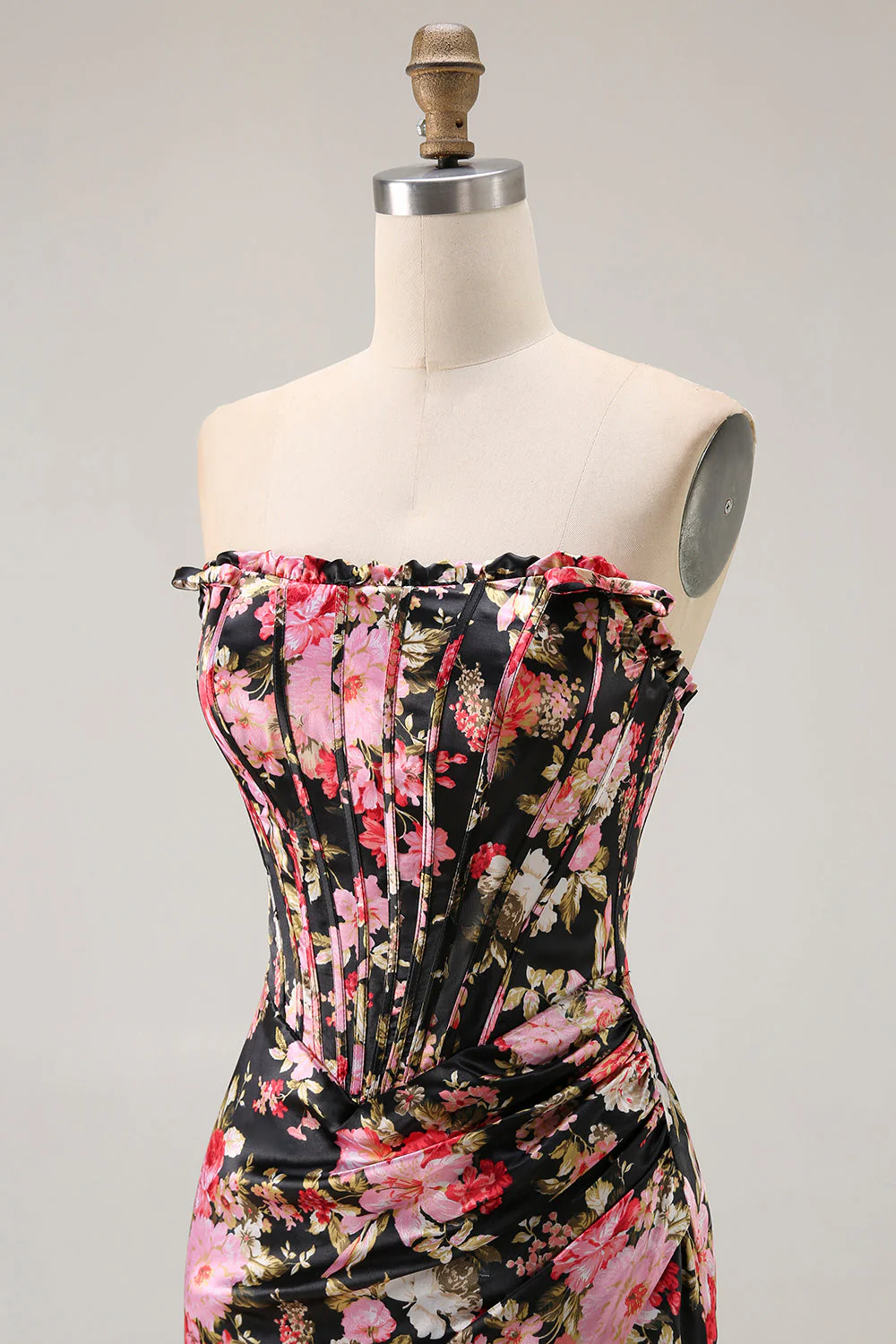 Noir Rose Floral Sirène Sans Bretelle Corset Longue Robe de Bal Avec Fente - Image 6