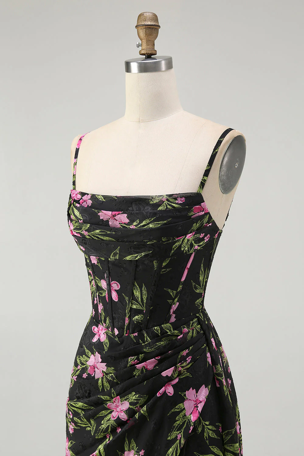 Noir Rose Floral Spaghetti Bretelles Corset Une Ligne Longue Robe de demoiselle d’honneur - Image 6