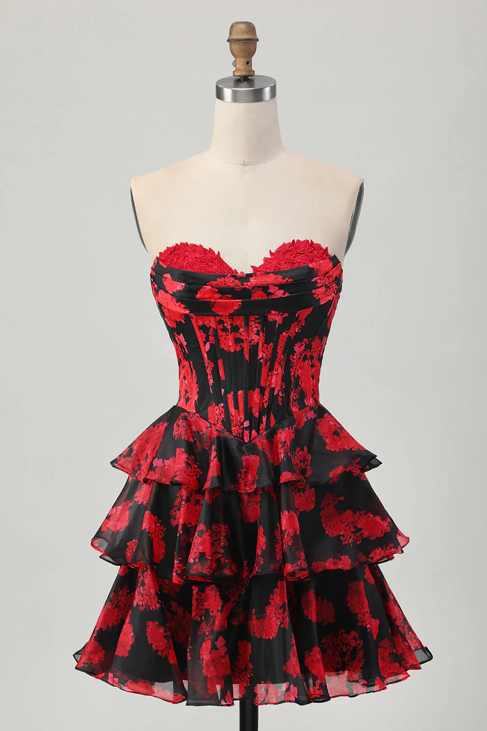Noir Rouge Floral Une ligne Sweetheart Corset Robe de cocktail - Image 7