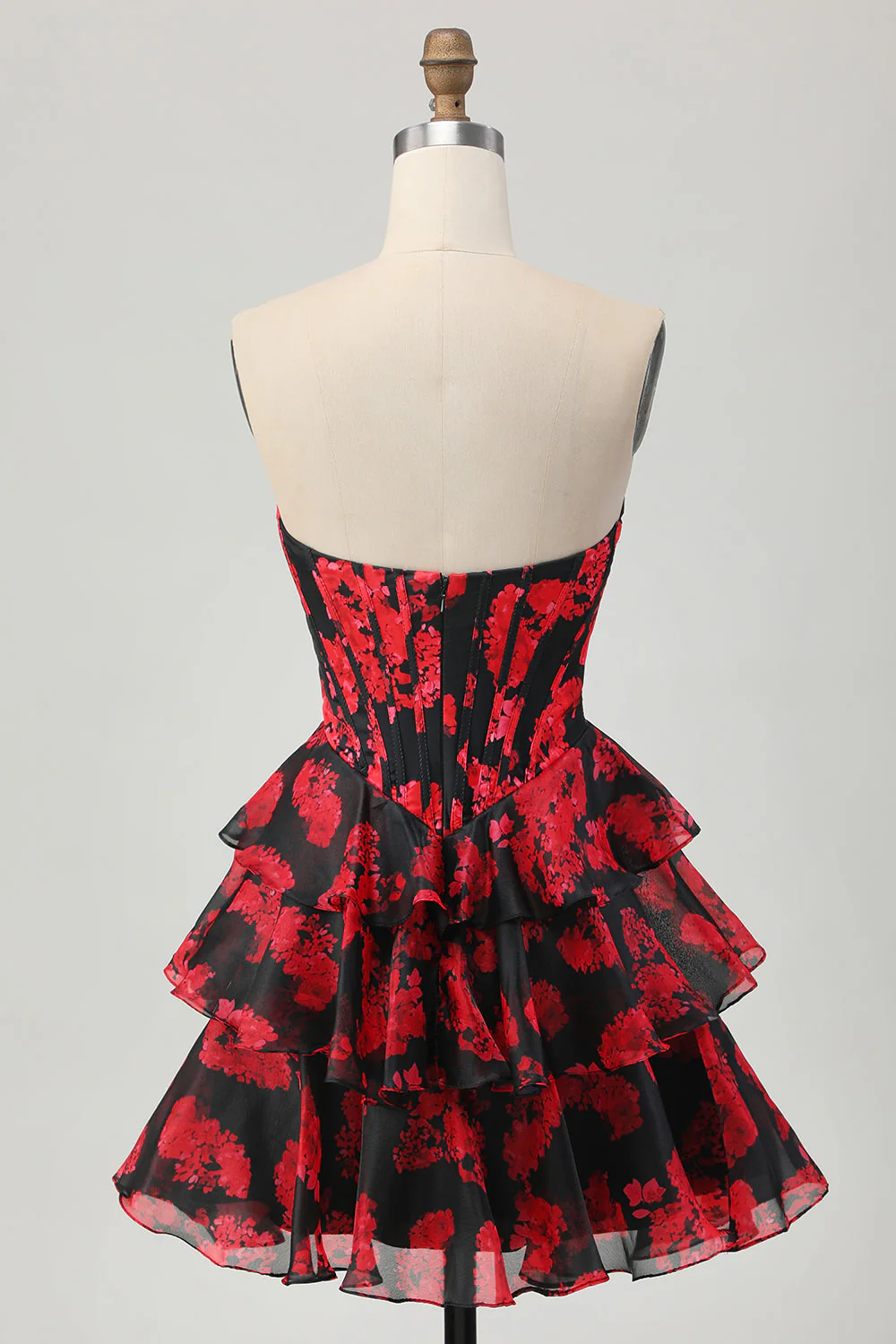 Noir Rouge Floral Une ligne Sweetheart Corset Robe de cocktail - Image 8