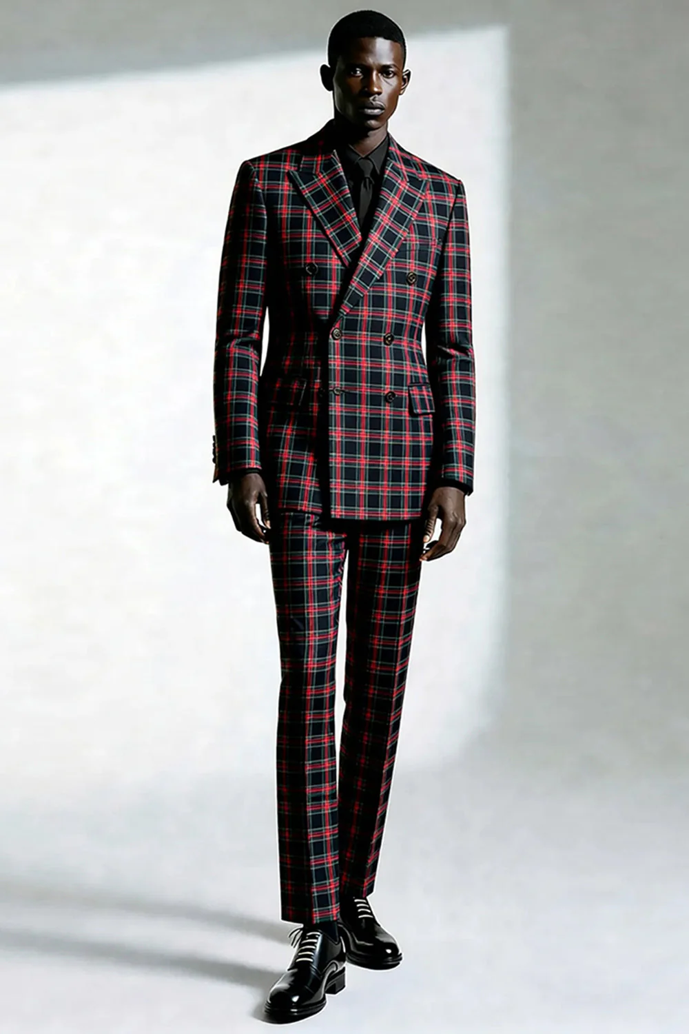 Noir Rouge Grille Pointe Revers Double Boutonnage 2 Pièces Costumes de Bal Hommes - Image 9