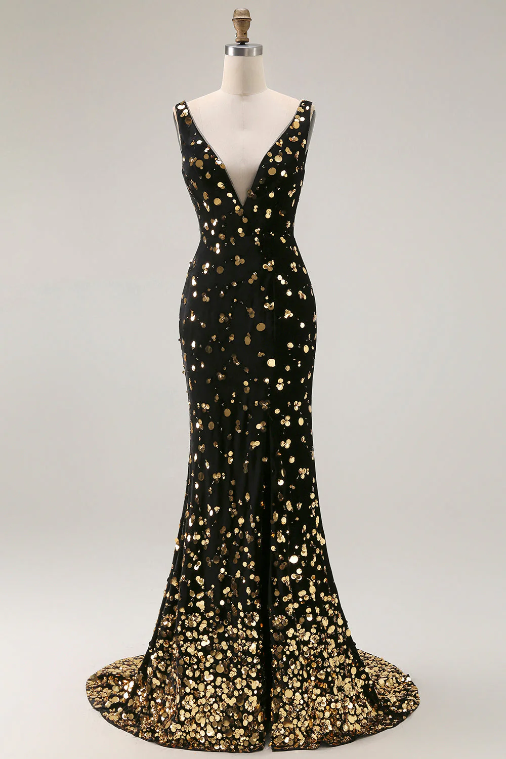Noir Sirène dorée Sequin col V dos ouvert longue robe de bal avec fente