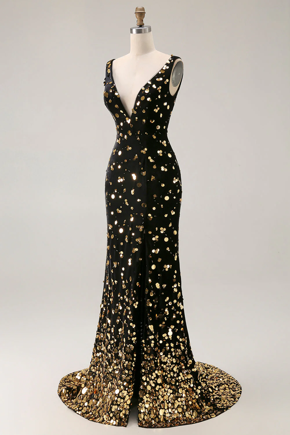 Noir Sirène dorée Sequin col V dos ouvert longue robe de bal avec fente - Image 5