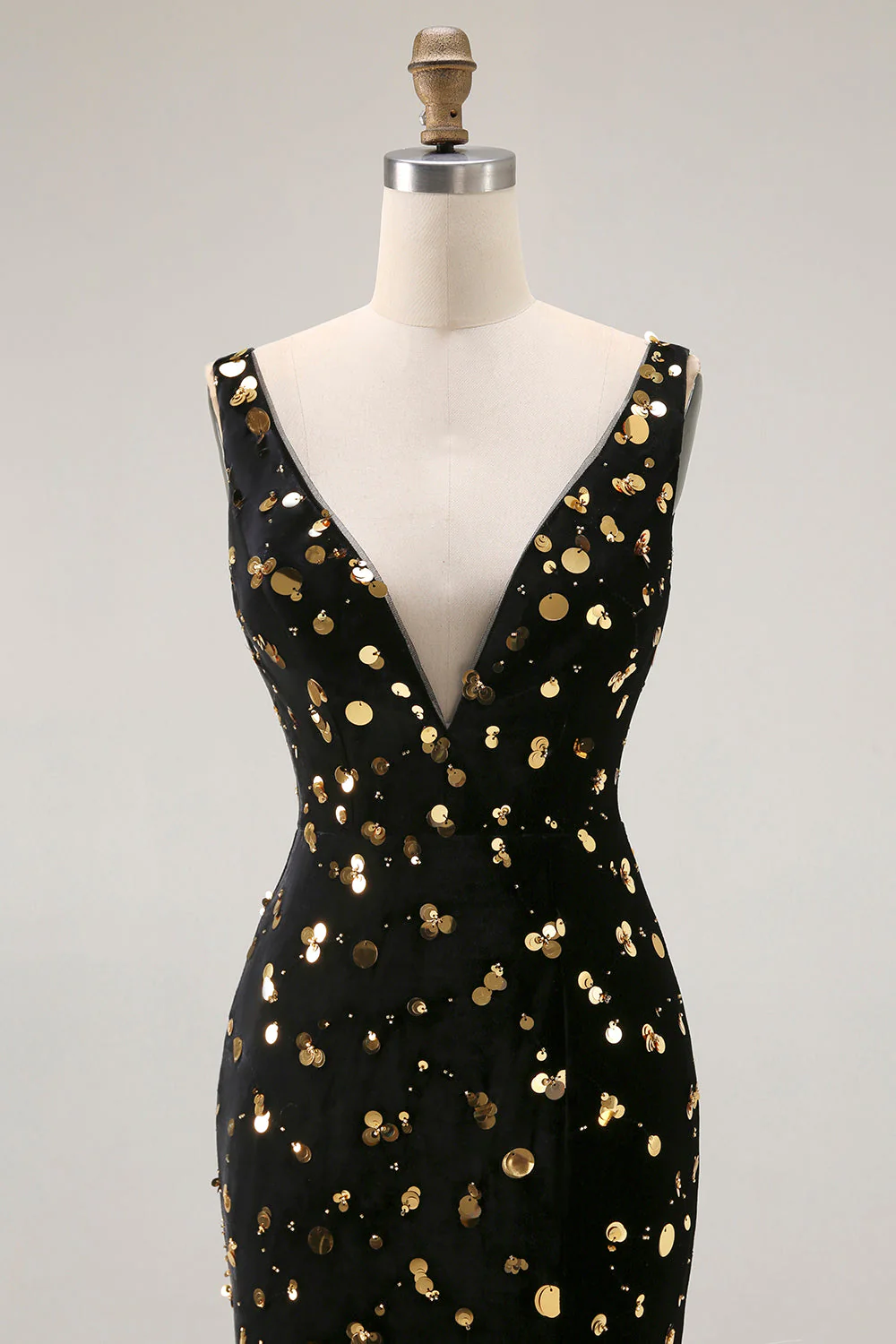 Noir Sirène dorée Sequin col V dos ouvert longue robe de bal avec fente - Image 6