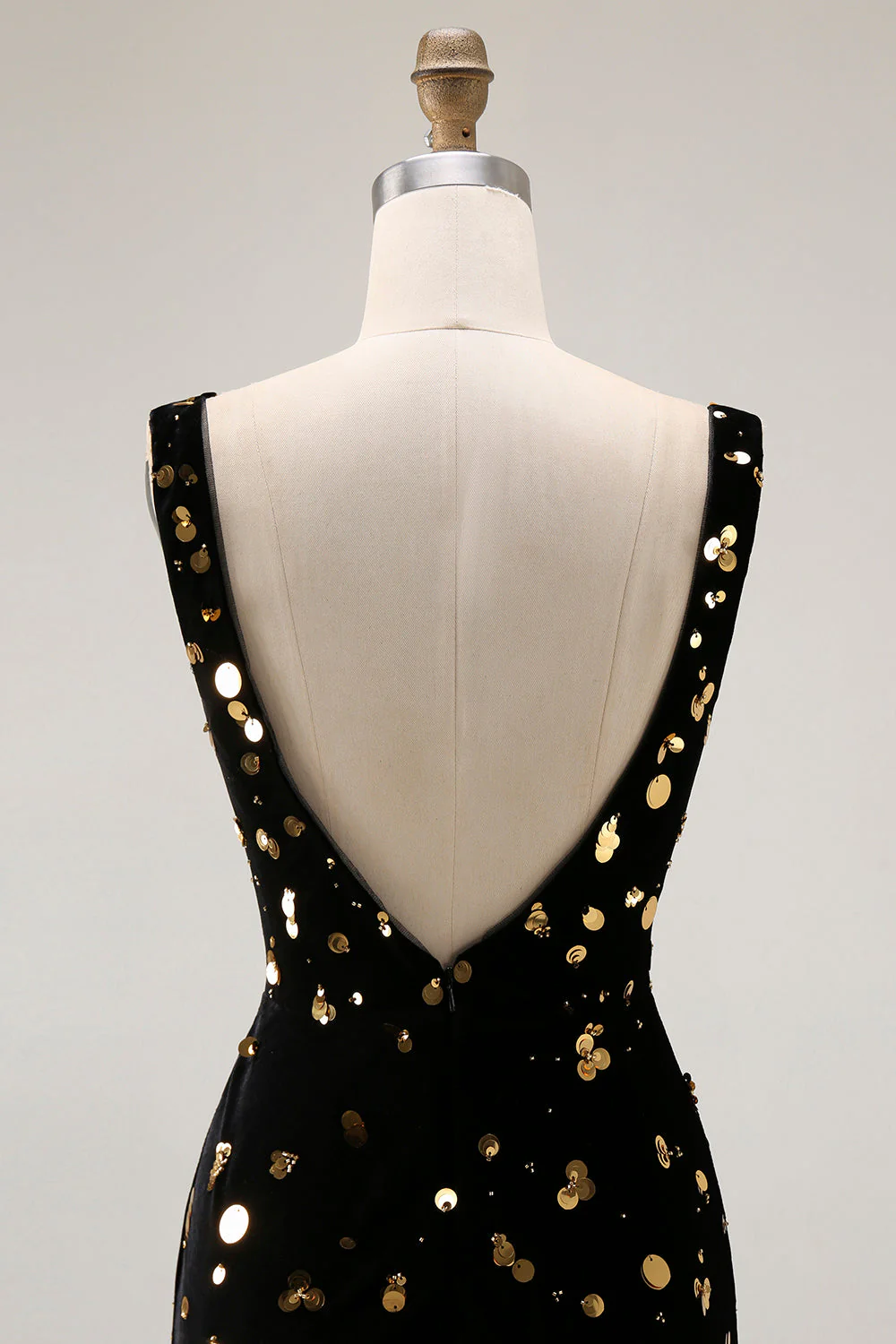 Noir Sirène dorée Sequin col V dos ouvert longue robe de bal avec fente - Image 7