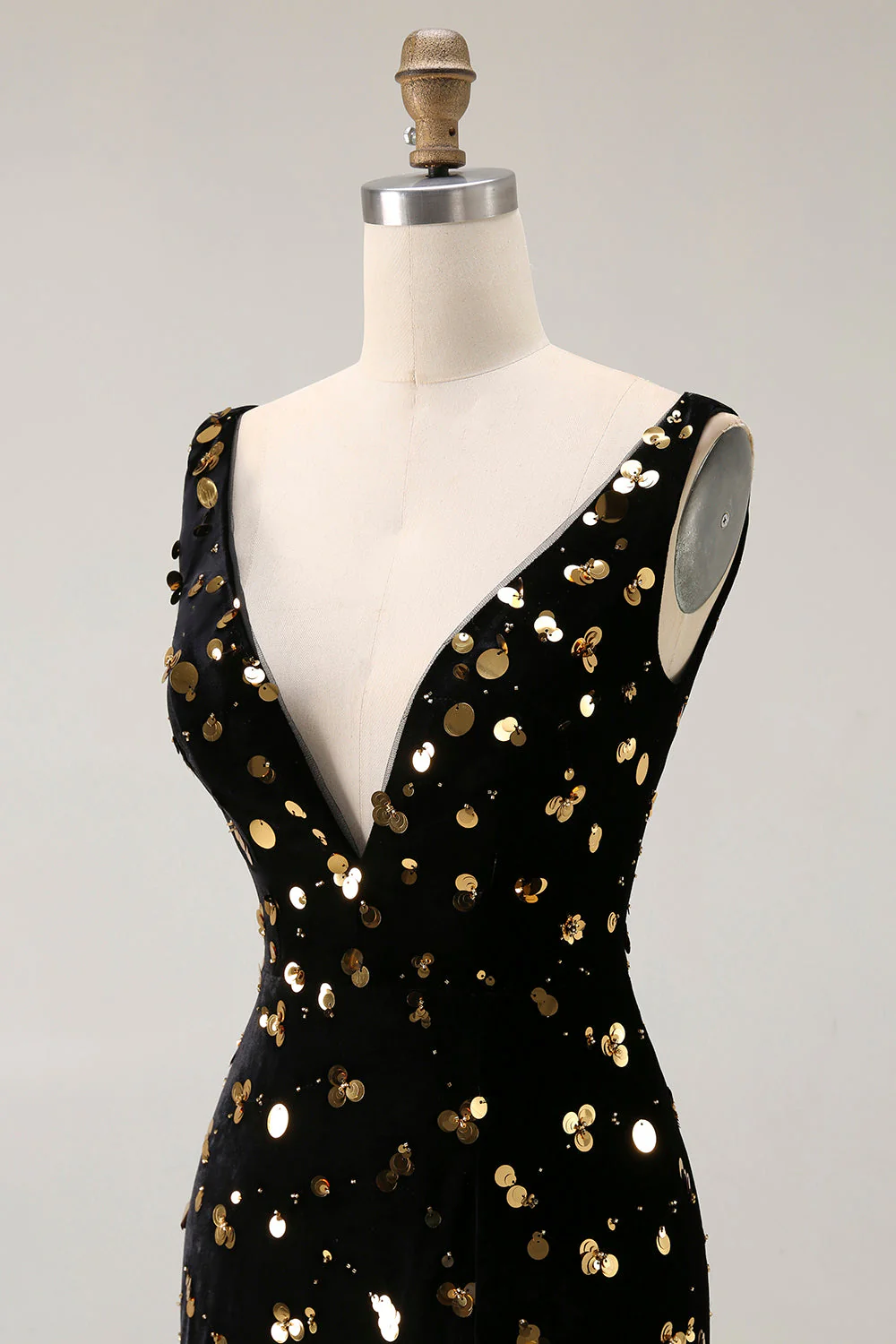 Noir Sirène dorée Sequin col V dos ouvert longue robe de bal avec fente - Image 8