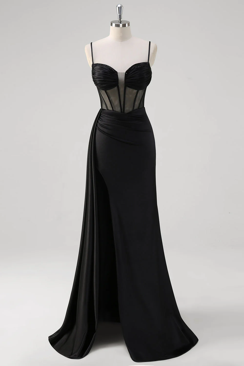 Robe de soirée sirène noire en satin bustier à bretelles spaghetti longue fendue