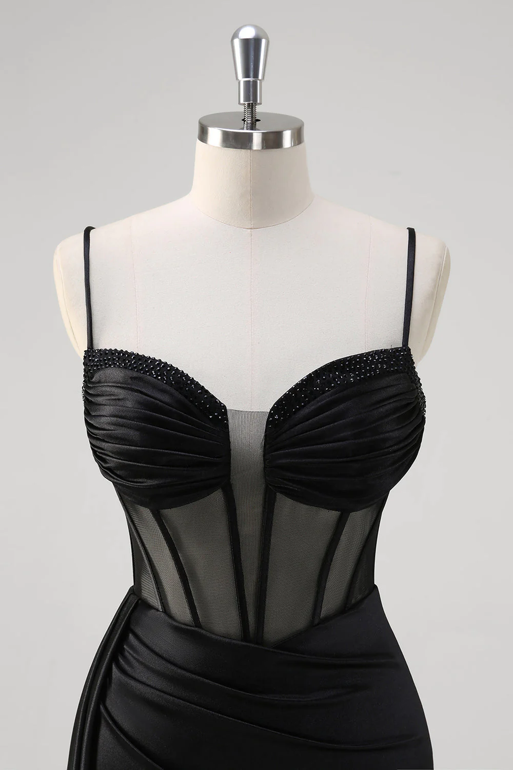 Robe de soirée sirène noire en satin bustier à bretelles spaghetti longue fendue - Image 4