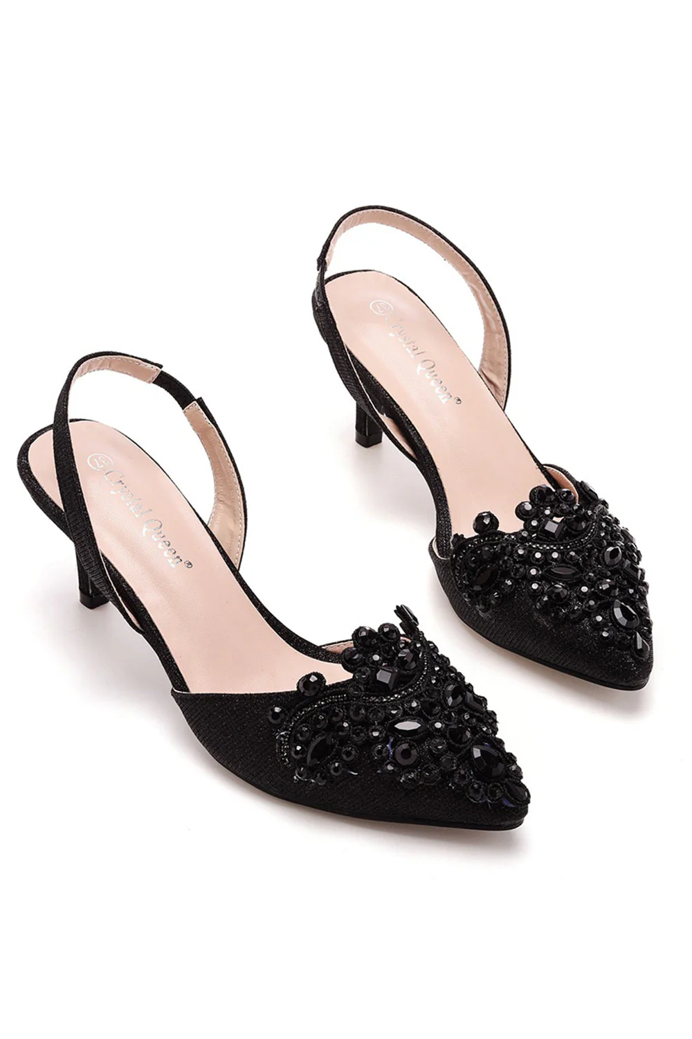 Noir Strass Talon Slingback Sandales À Bout Pointu Glisser Sur Talons Blocs - Image 2