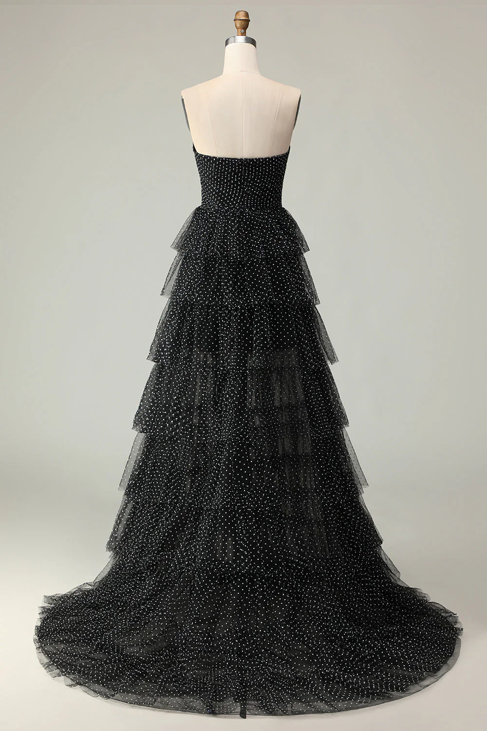 Noir Une ligne sans bretelles à volants à pois Robe longue de bal avec fente - Image 2