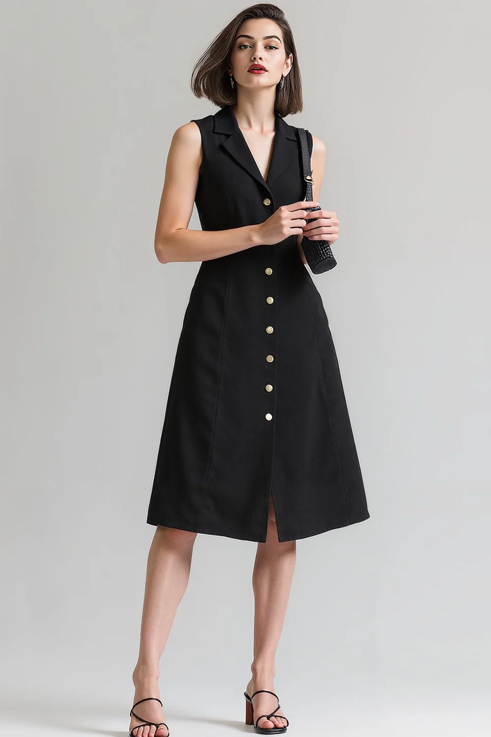 Noir Une ligne sans manches à simple boutonnage cranté Robe de travail midi