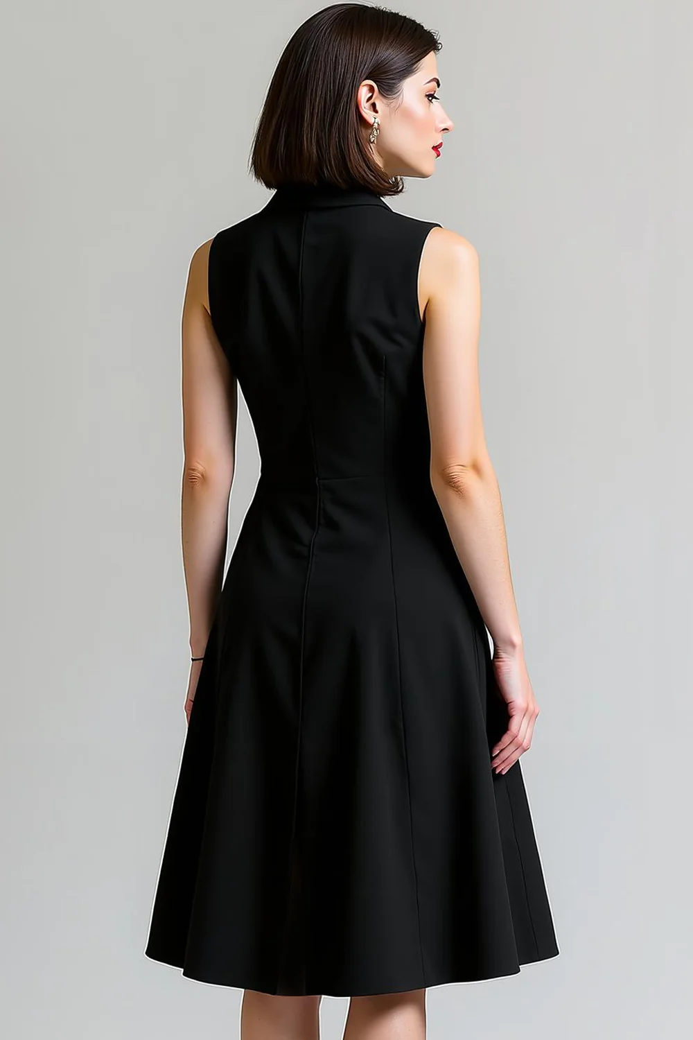 Noir Une ligne sans manches à simple boutonnage cranté Robe de travail midi - Image 4
