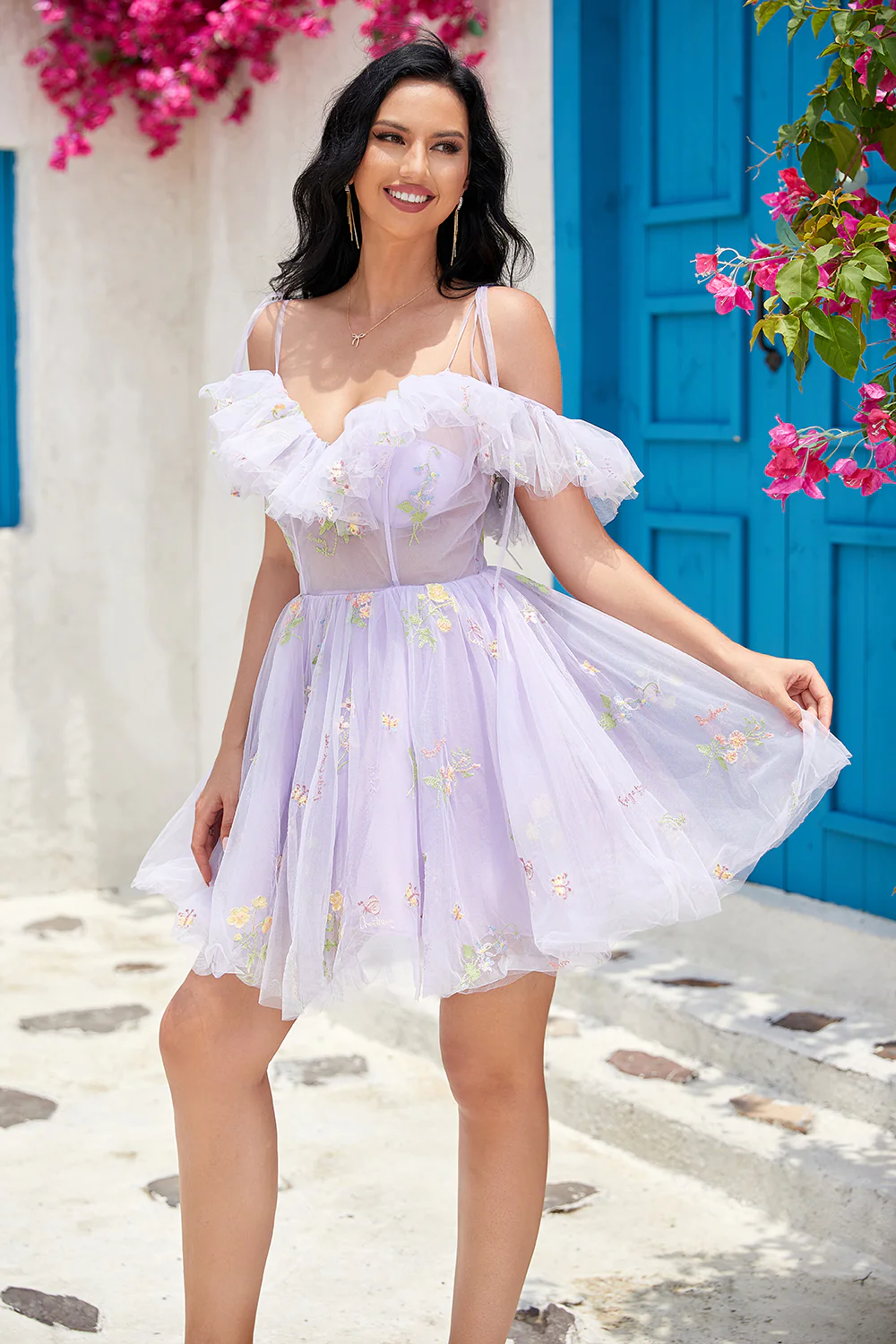Hors de l'épaule Ruffles Tulle Cocktail Robe avec broderie - Image 11
