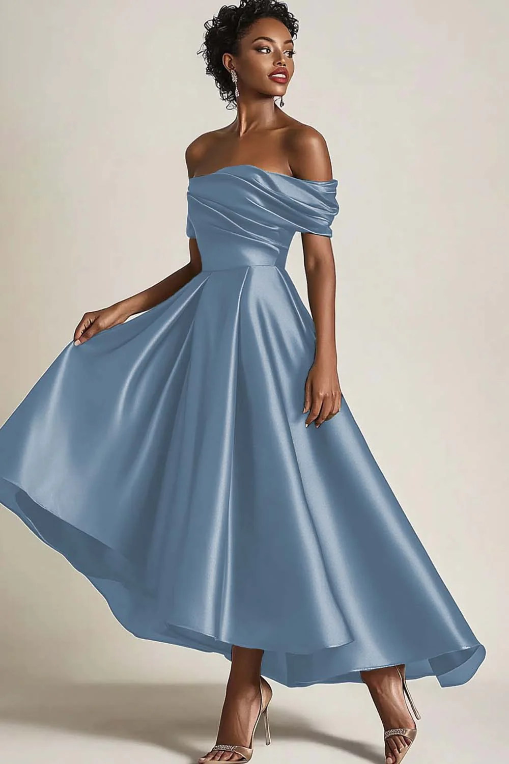 Robe mère de la mariée olive épaules dénudées froncée longueur cheville - Image 10
