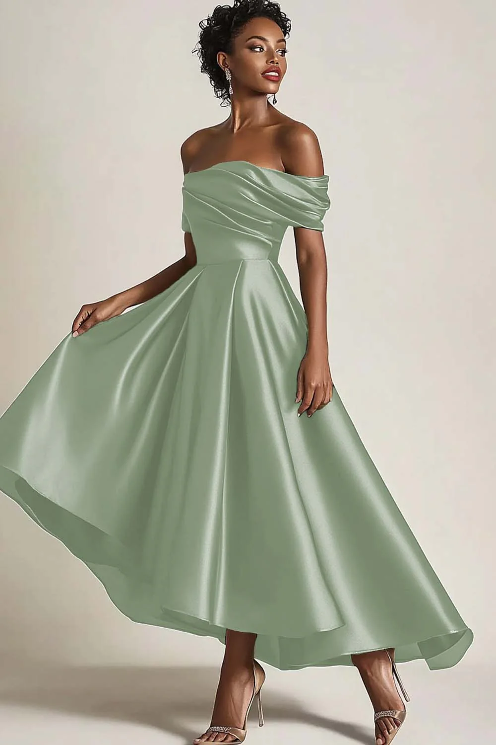 Robe mère de la mariée olive épaules dénudées froncée longueur cheville - Image 11