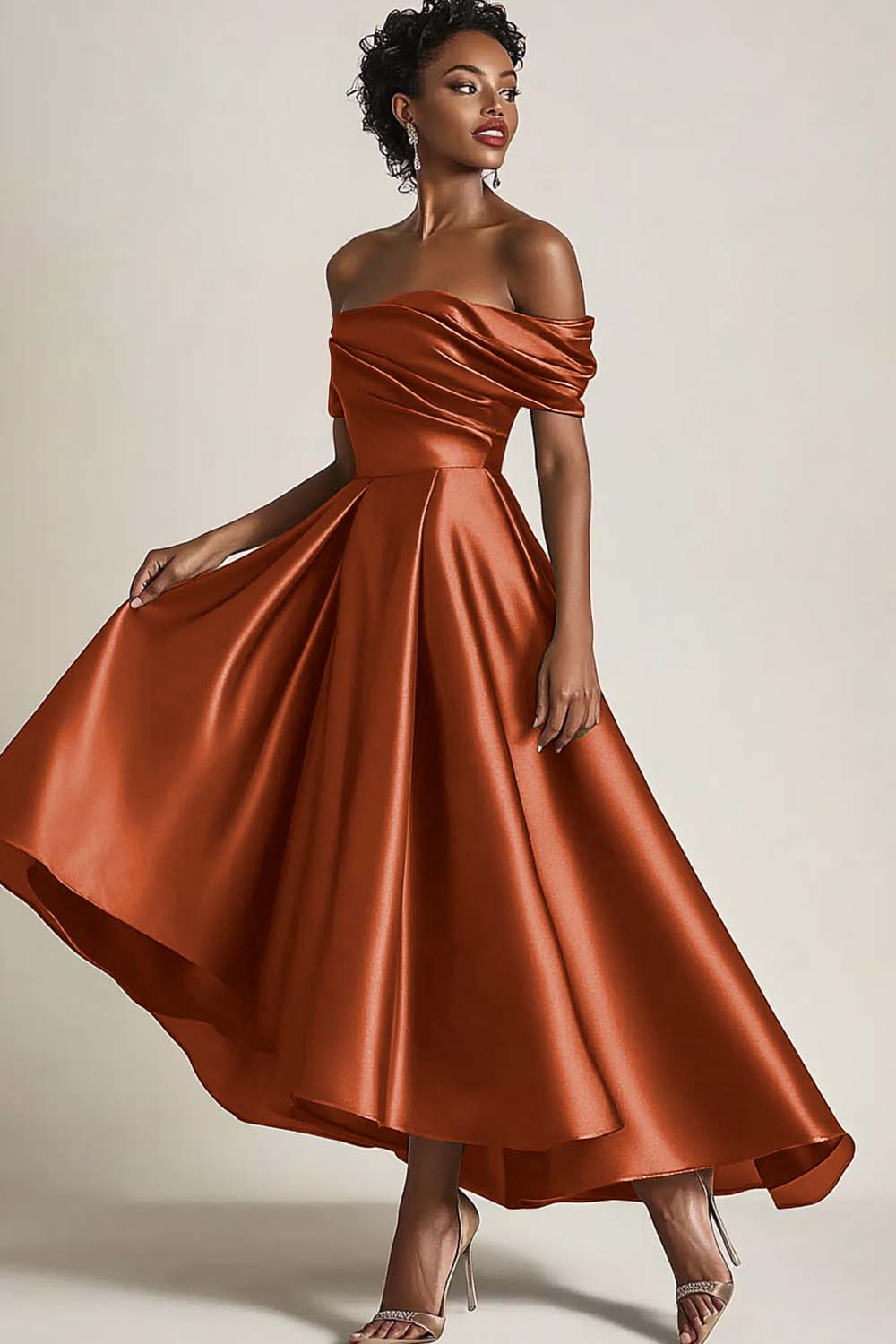 Robe mère de la mariée olive épaules dénudées froncée longueur cheville - Image 13
