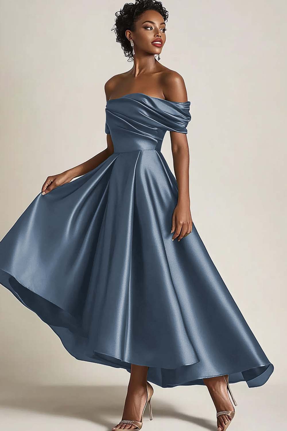 Robe mère de la mariée olive épaules dénudées froncée longueur cheville - Image 14