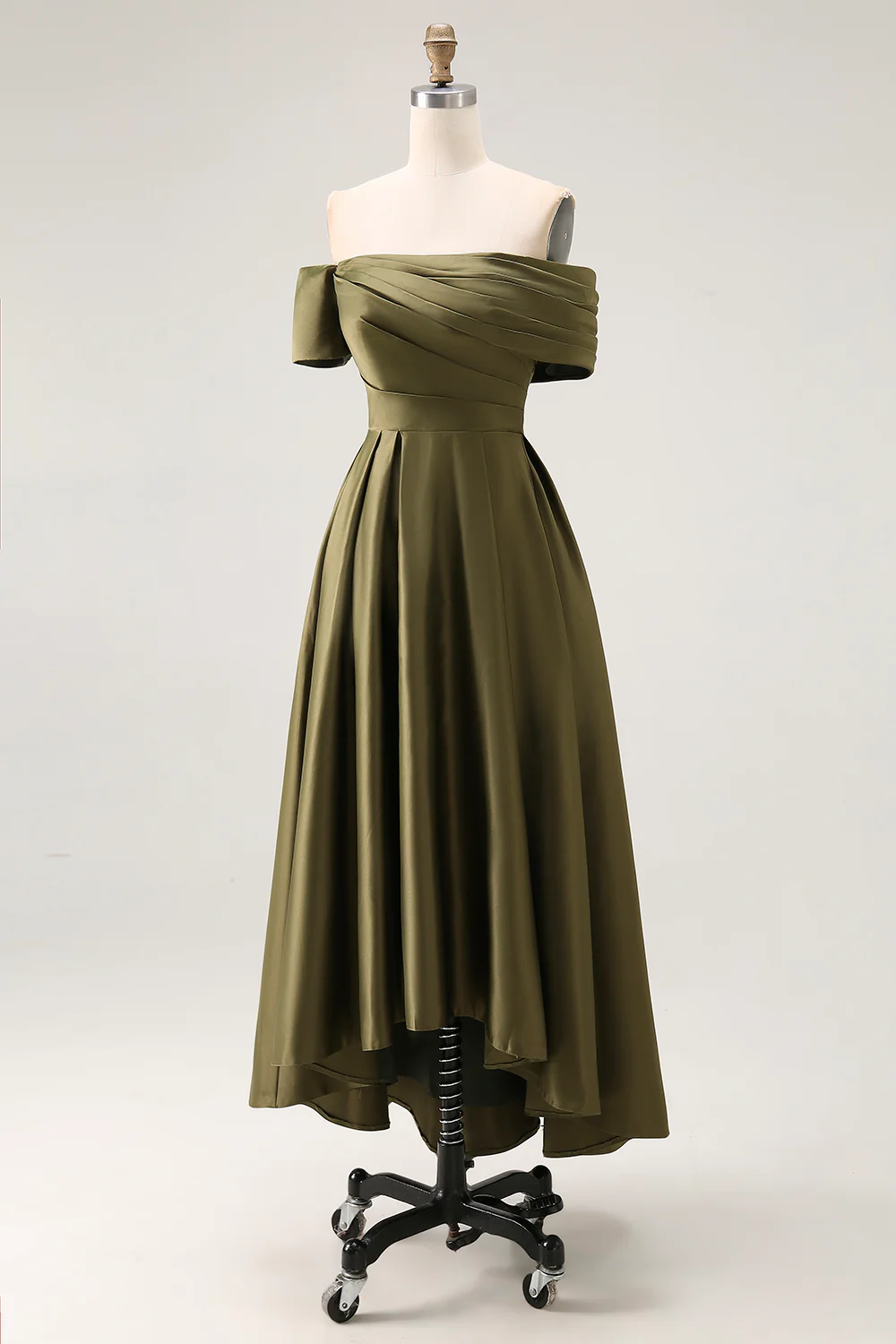 Robe mère de la mariée olive épaules dénudées froncée longueur cheville - Image 4