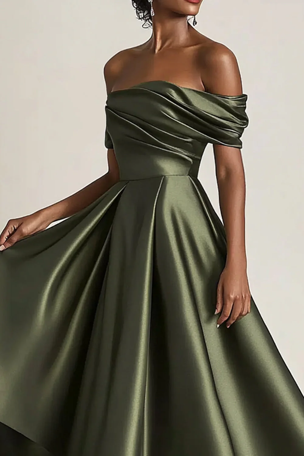 Robe mère de la mariée olive épaules dénudées froncée longueur cheville - Image 5