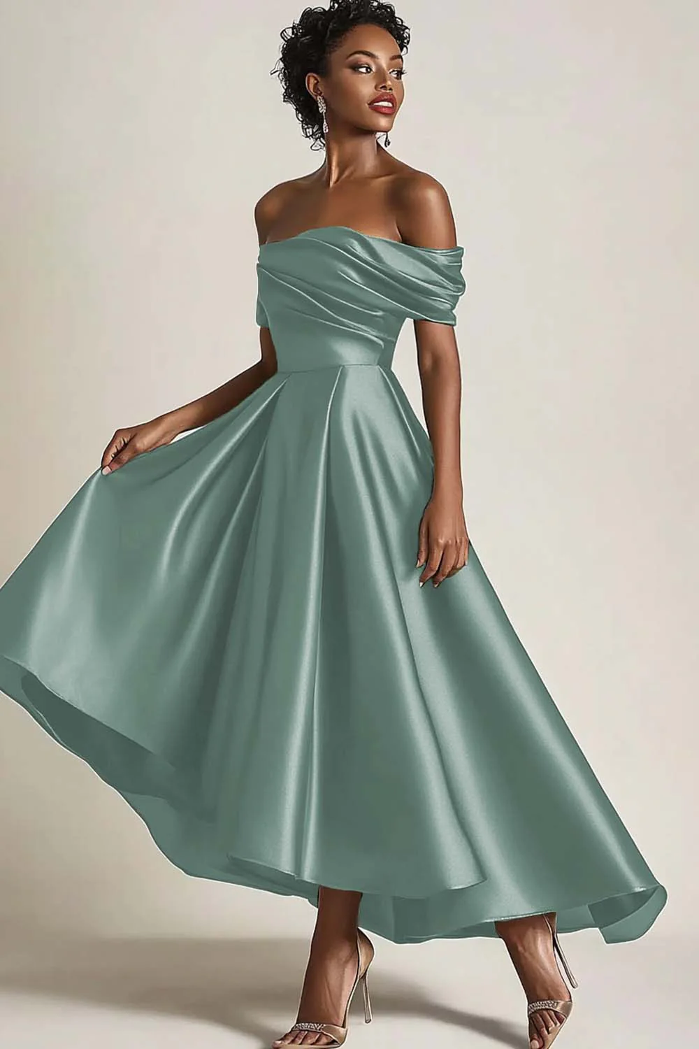 Robe mère de la mariée olive épaules dénudées froncée longueur cheville - Image 9