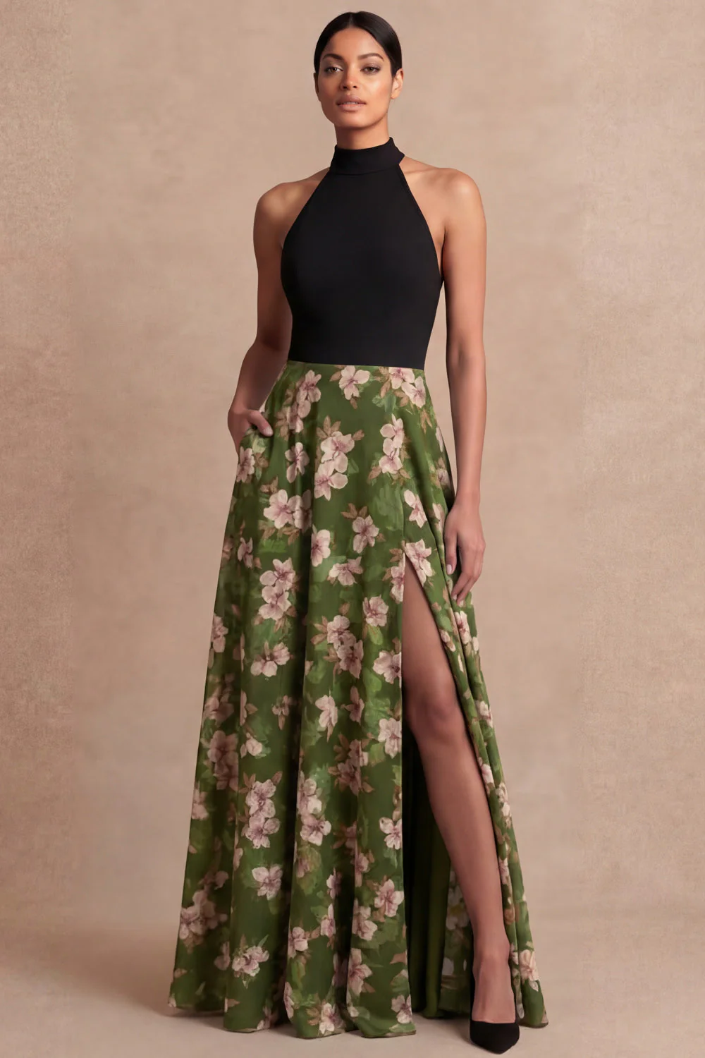 Olive Floral Ligne A Longue robe de mariage sans dos avec fente - Image 3