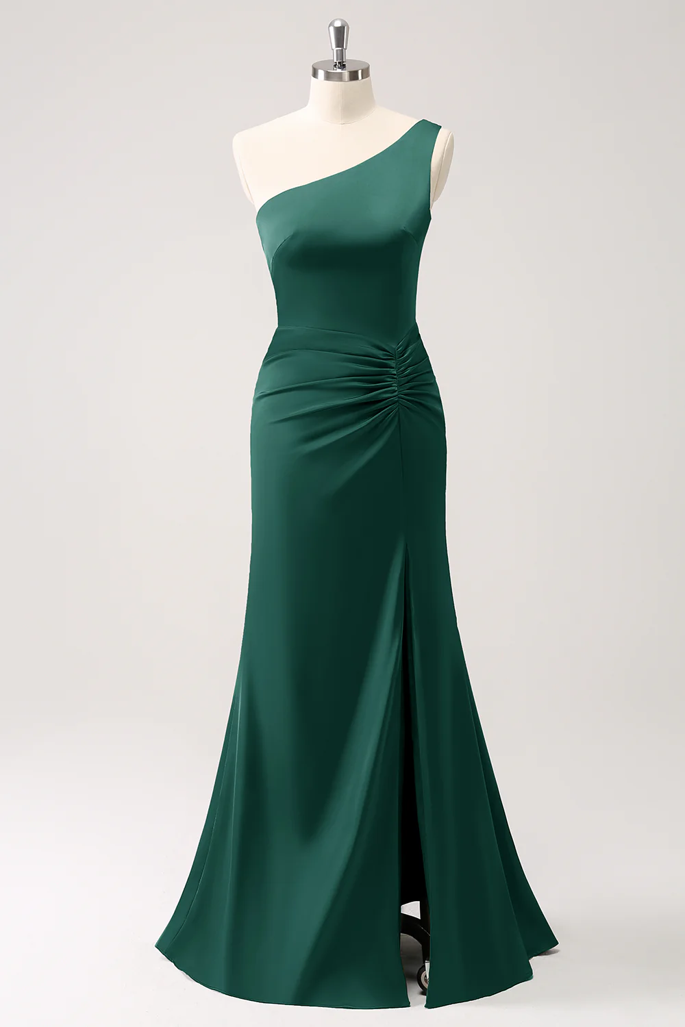 Olive une épaule sirène satin longue robe de demoiselle d’honneur - Image 13