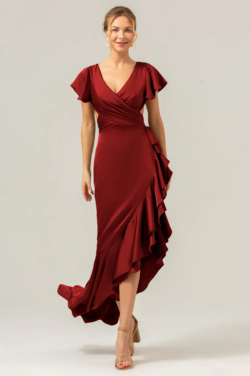 Olive une ligne col en V Robe de demoiselle d’honneur asymétrique en satin avec fente à volants - Image 10