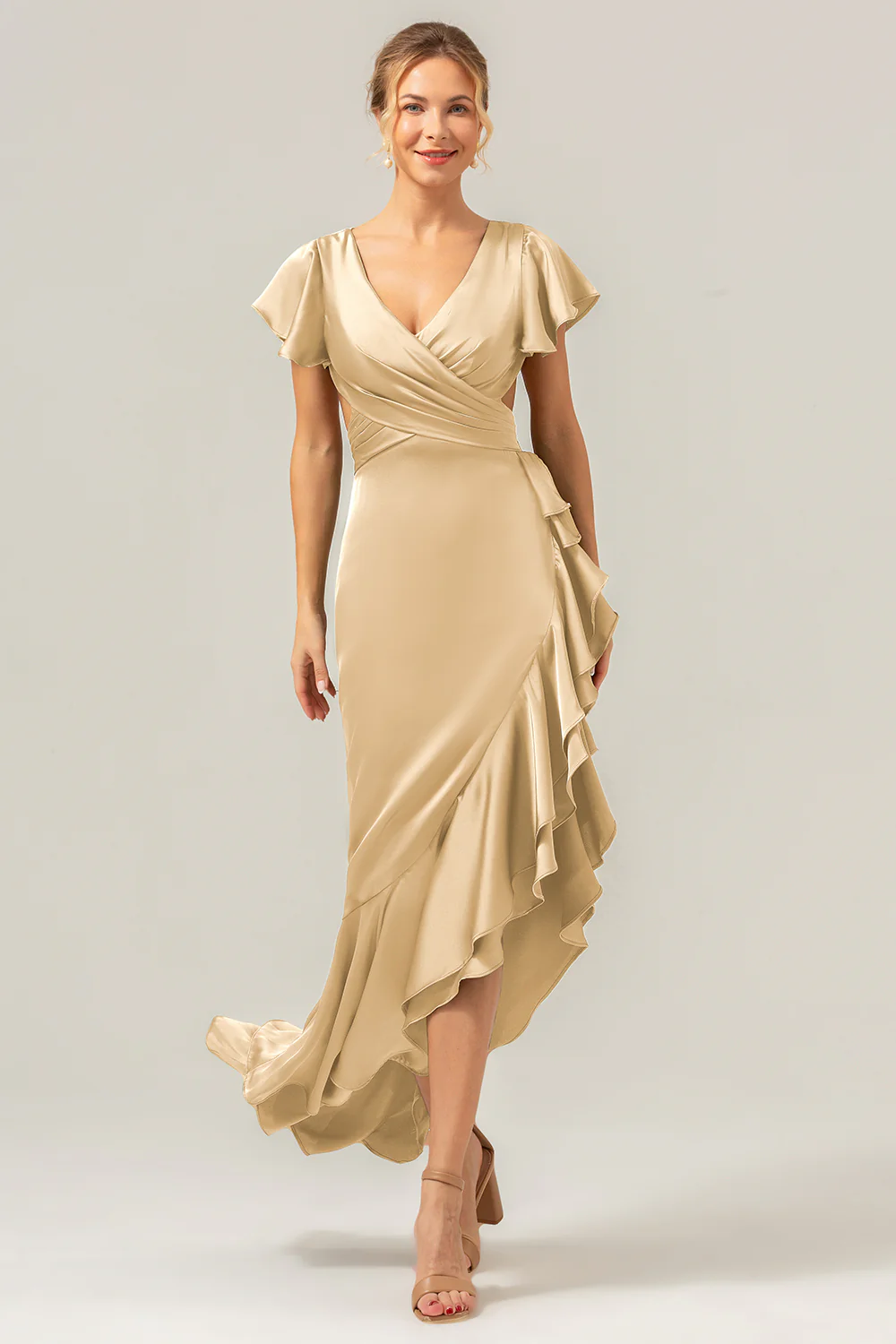 Olive une ligne col en V Robe de demoiselle d’honneur asymétrique en satin avec fente à volants - Image 12