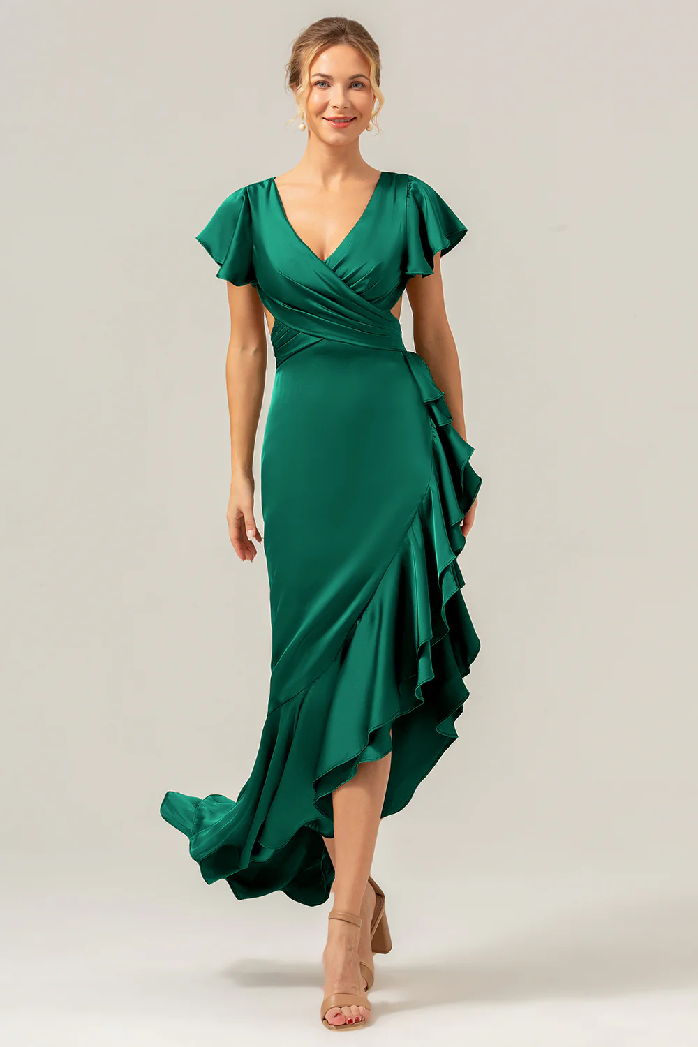 Olive une ligne col en V Robe de demoiselle d’honneur asymétrique en satin avec fente à volants - Image 14