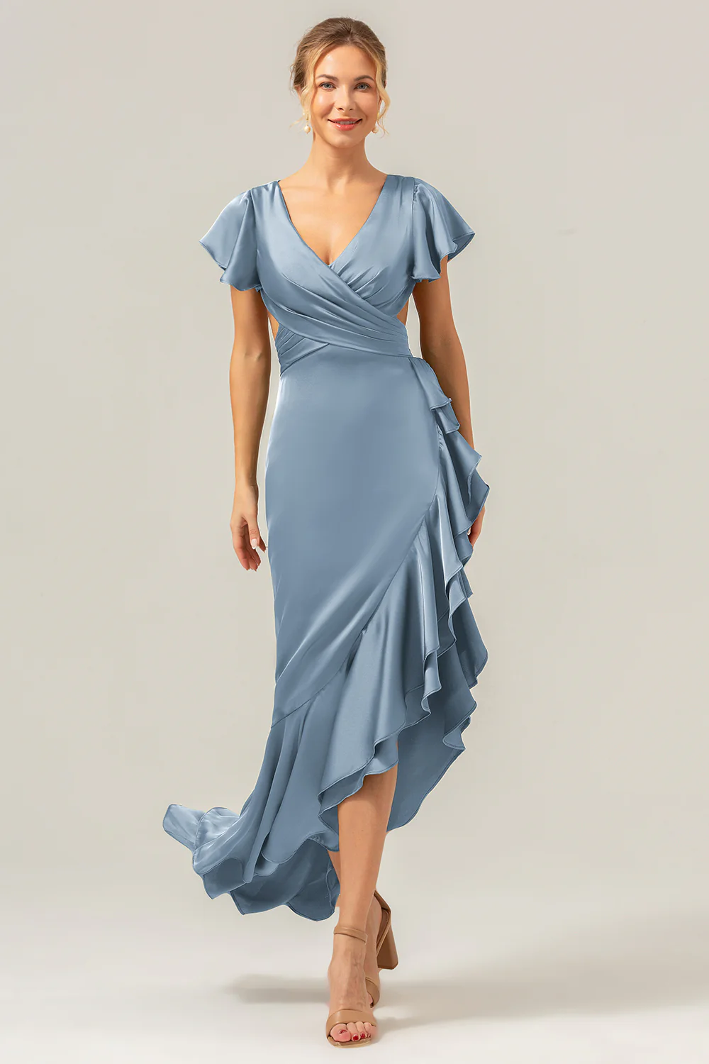 Olive une ligne col en V Robe de demoiselle d’honneur asymétrique en satin avec fente à volants - Image 16