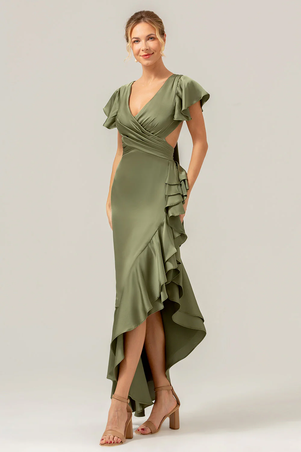 Olive une ligne col en V Robe de demoiselle d’honneur asymétrique en satin avec fente à volants - Image 3