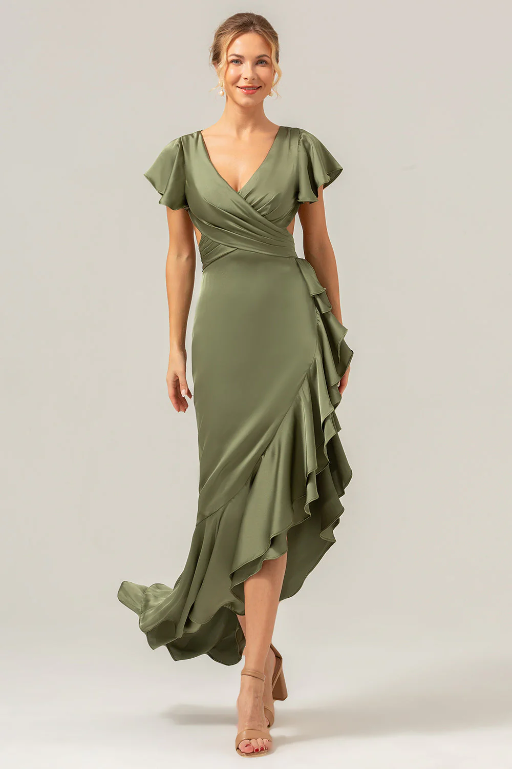 Olive une ligne col en V Robe de demoiselle d’honneur asymétrique en satin avec fente à volants - Image 4