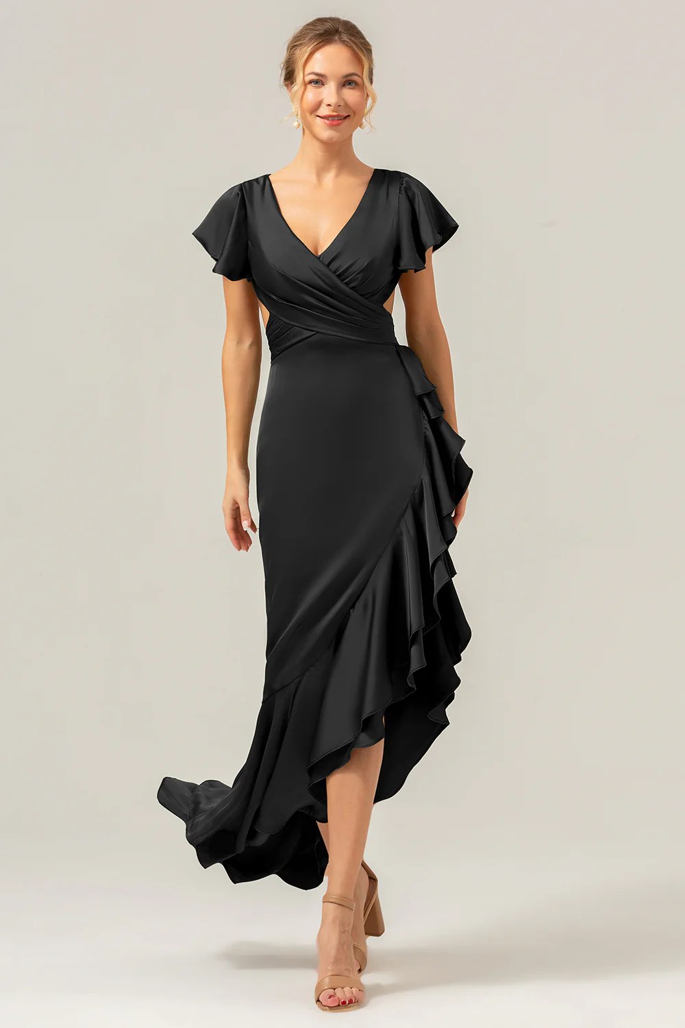 Olive une ligne col en V Robe de demoiselle d’honneur asymétrique en satin avec fente à volants - Image 8