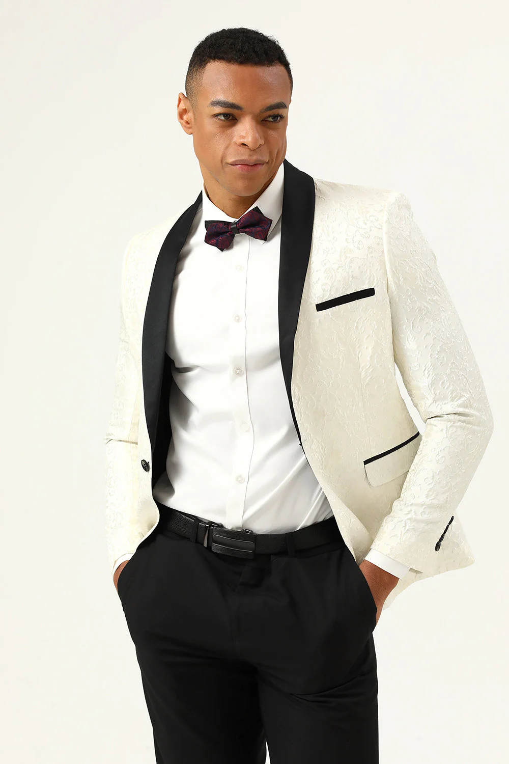 One Button Blue Shawl Lapel Jacquard Men’s Prom Blazer - Image 15
