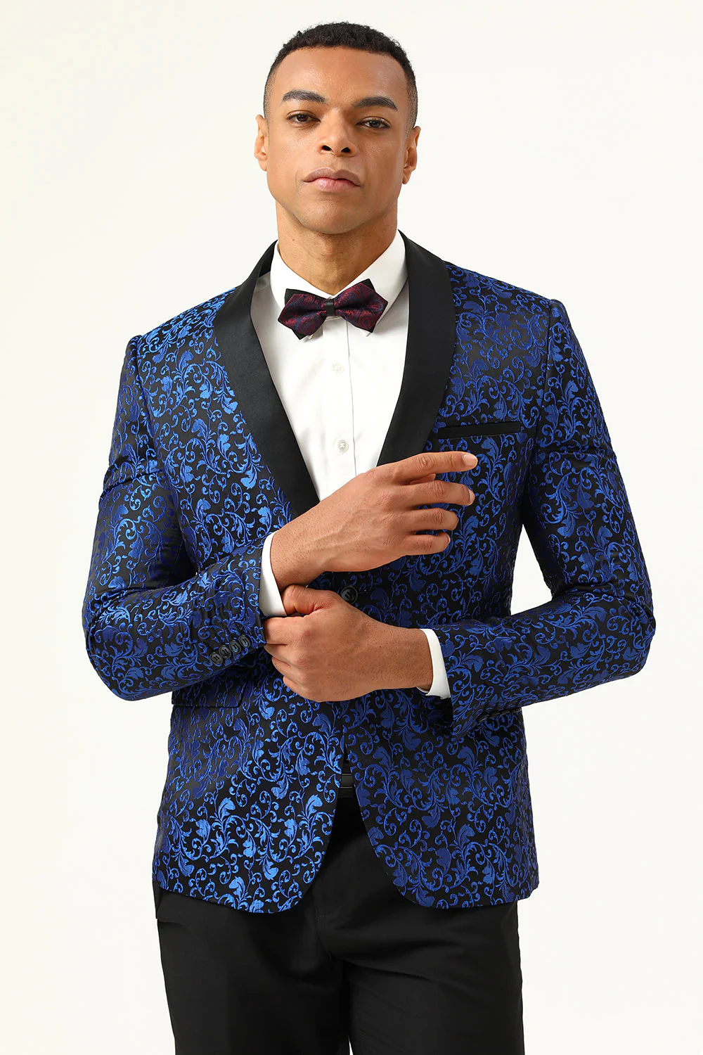 One Button Blue Shawl Lapel Jacquard Men’s Prom Blazer - Image 5