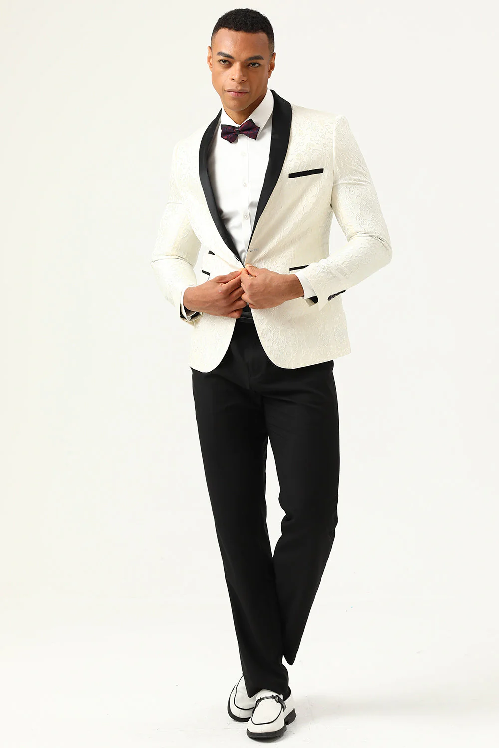 One Button Red Shawl Lapel Jacquard Men’s Prom Blazer - Image 13