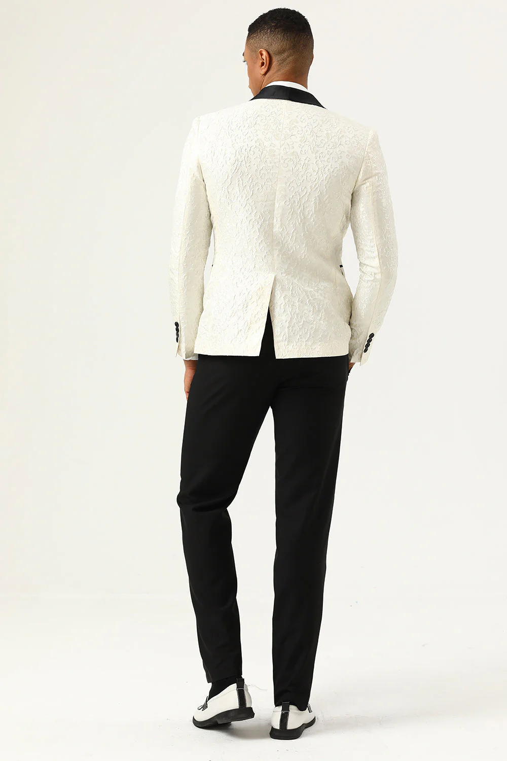 One Button Red Shawl Lapel Jacquard Men’s Prom Blazer - Image 14