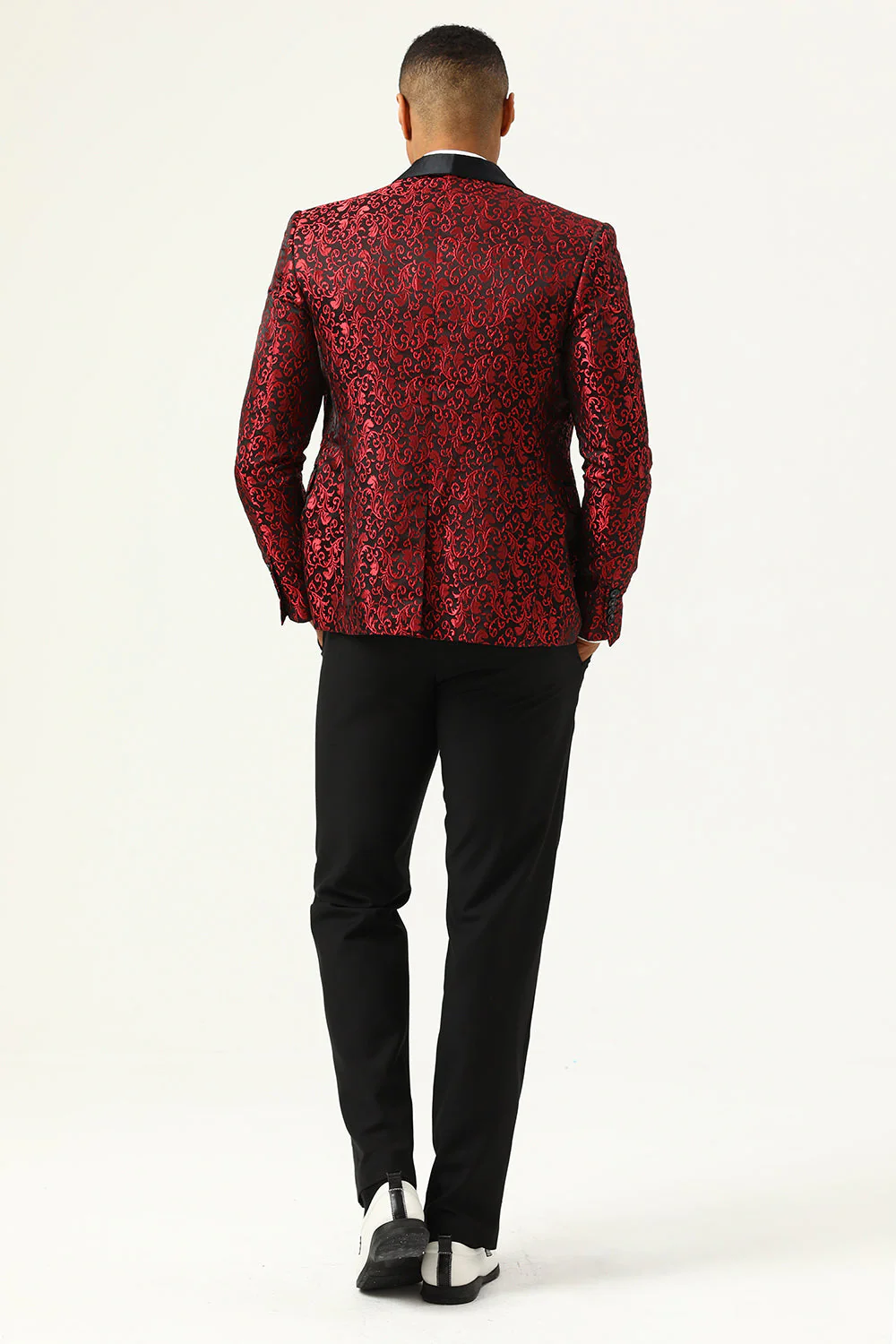 One Button Red Shawl Lapel Jacquard Men’s Prom Blazer - Image 2